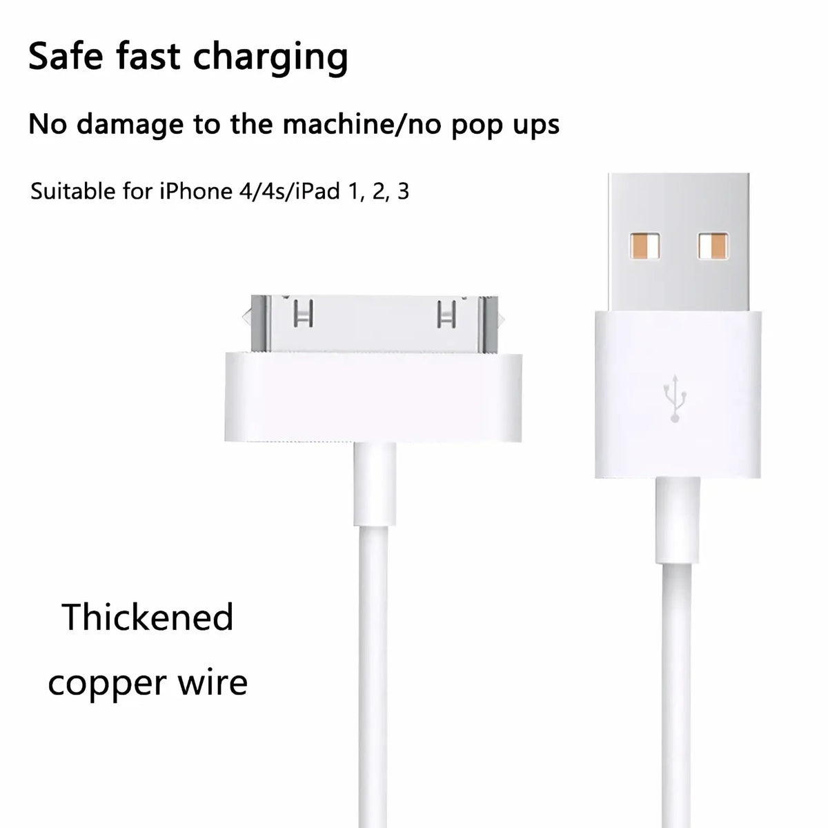 White 30 pin USB charging cable for iPhone 4 iPad iPod with thickened copper wire for enhanced durability