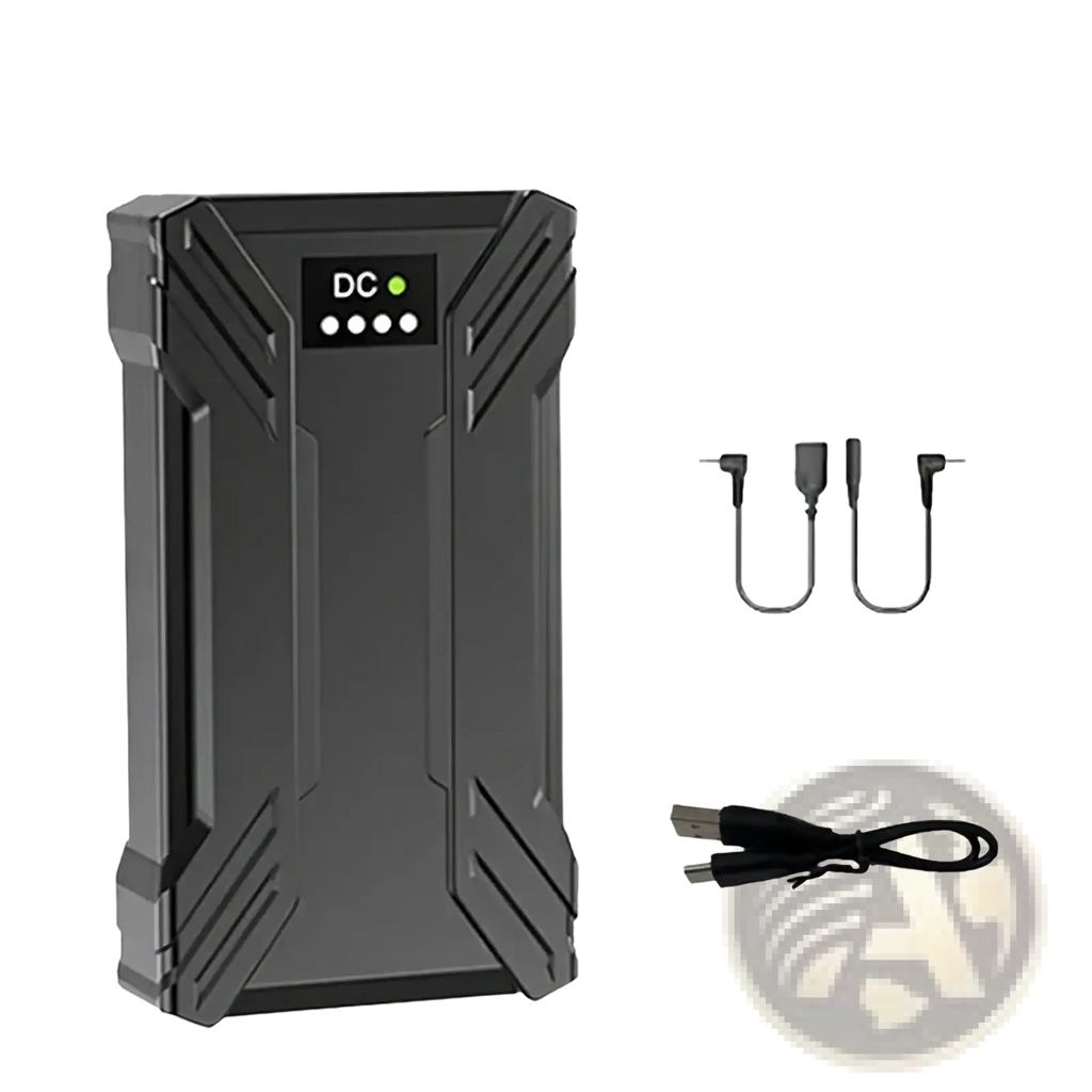 Black rugged portable power bank with digital display showing DC and battery level for 30000mah 40000mah heated vest use