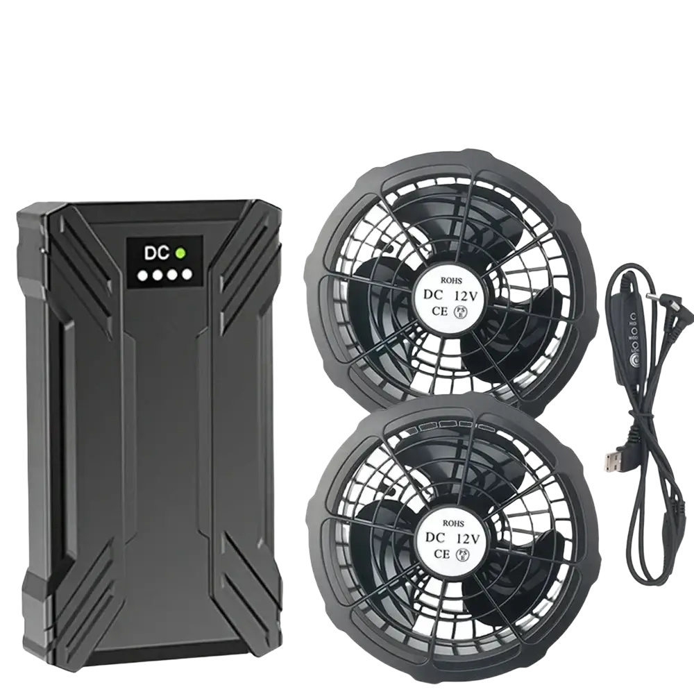 Black 12v fans with circular grilles and dc 12v labels paired with a black led display power bank for heated vest use