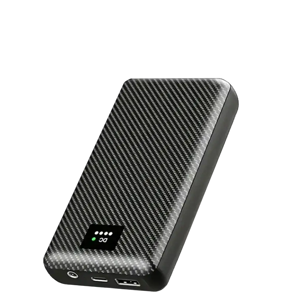 Black carbon fiber textured portable power bank with usb ports and led indicator for 30000mah 40000mah heated vest battery