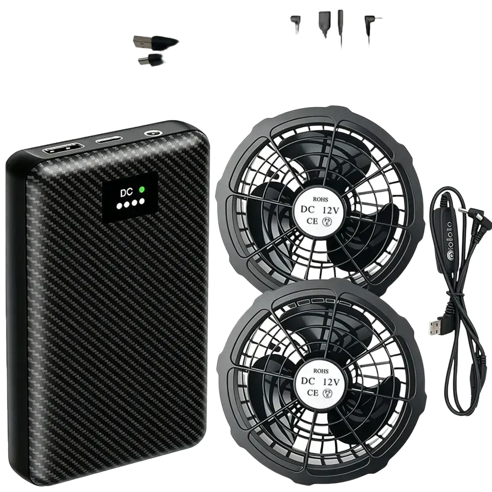 Black carbon fiber textured 12v portable dual fan with charging cables for 30000mah 40000mah heated vest power bank battery