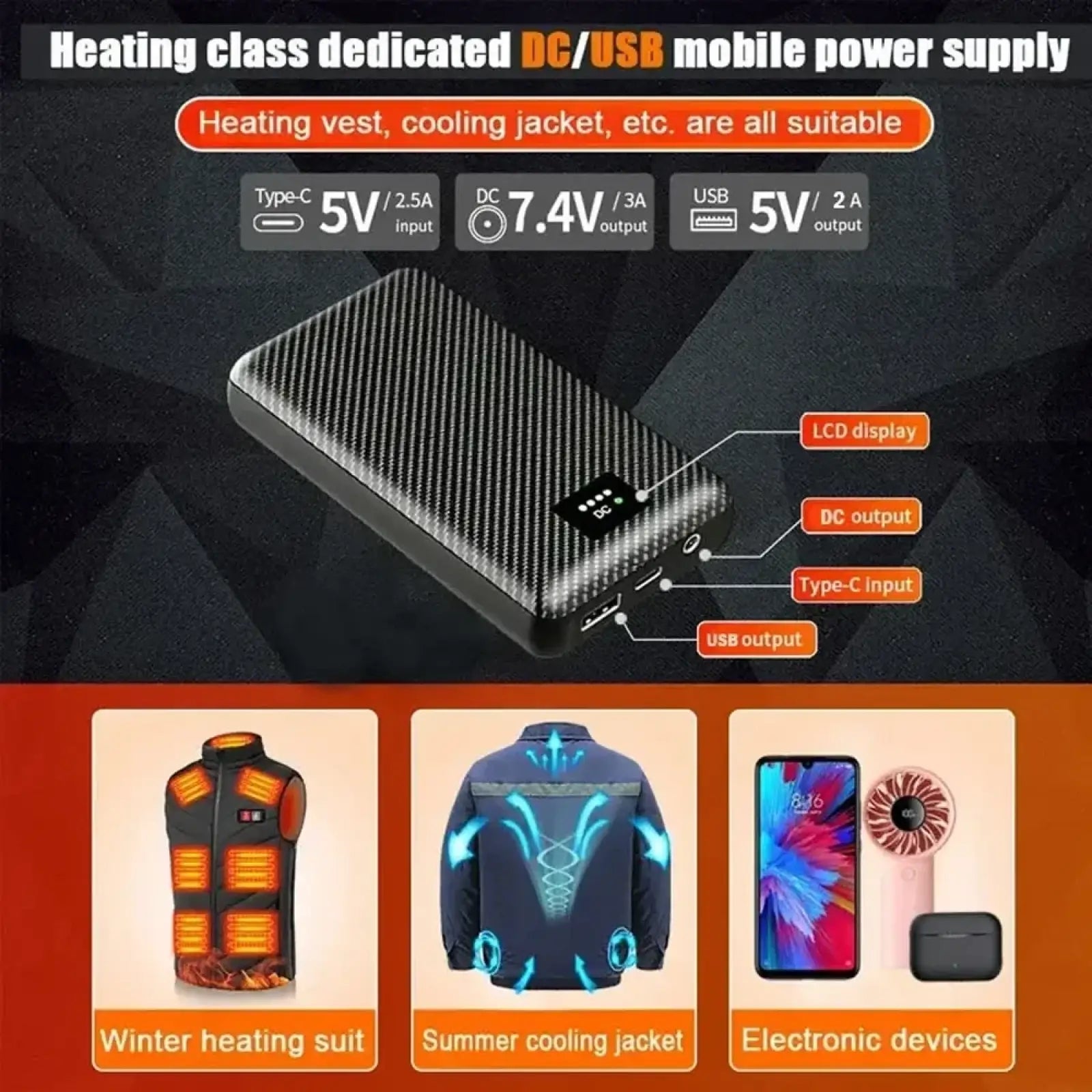 Black carbon-fiber textured rectangular 30000mah heated vest power bank with lcd display and multiple usb ports