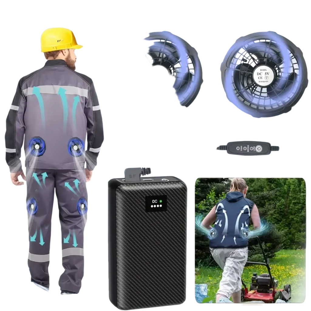 Black carbon fiber textured portable cooling fan pack with two detachable fans and usb charging port for heated vest power bank