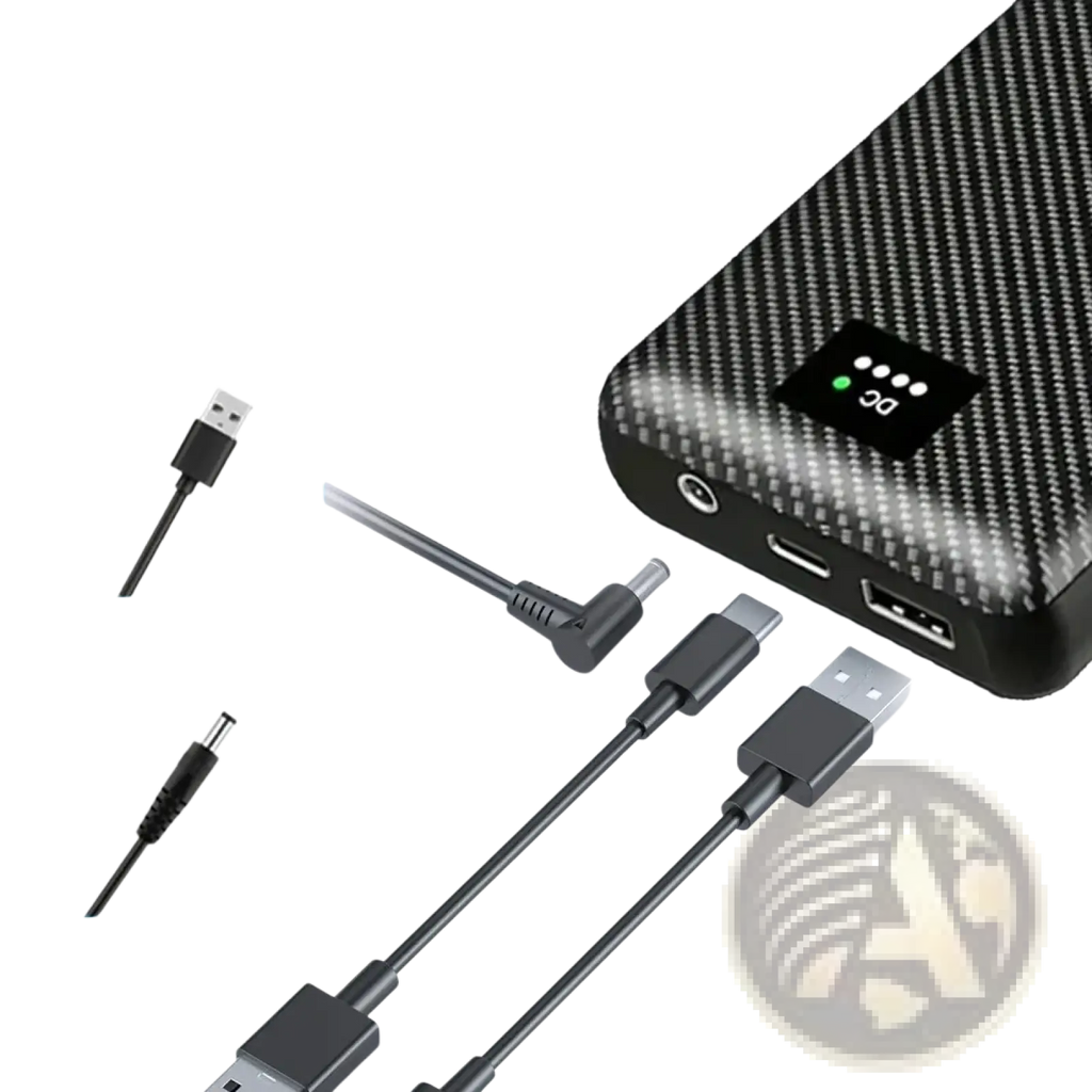 Black carbon fiber textured 30000mah 40000mah heated vest power bank battery pack with multiple ports and indicator lights