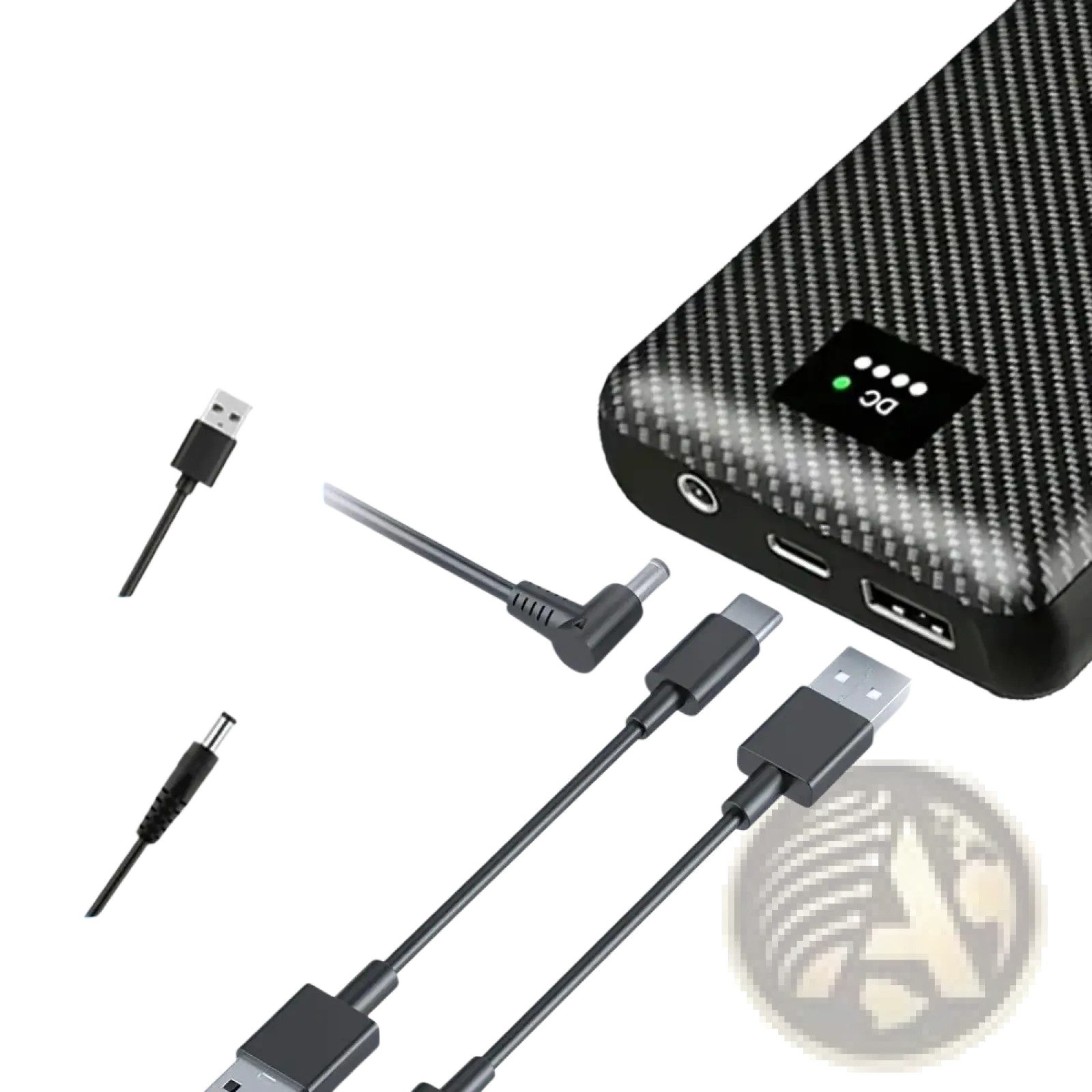 Black carbon fiber textured 30000mah 40000mah heated vest power bank battery pack with multiple ports and indicator lights