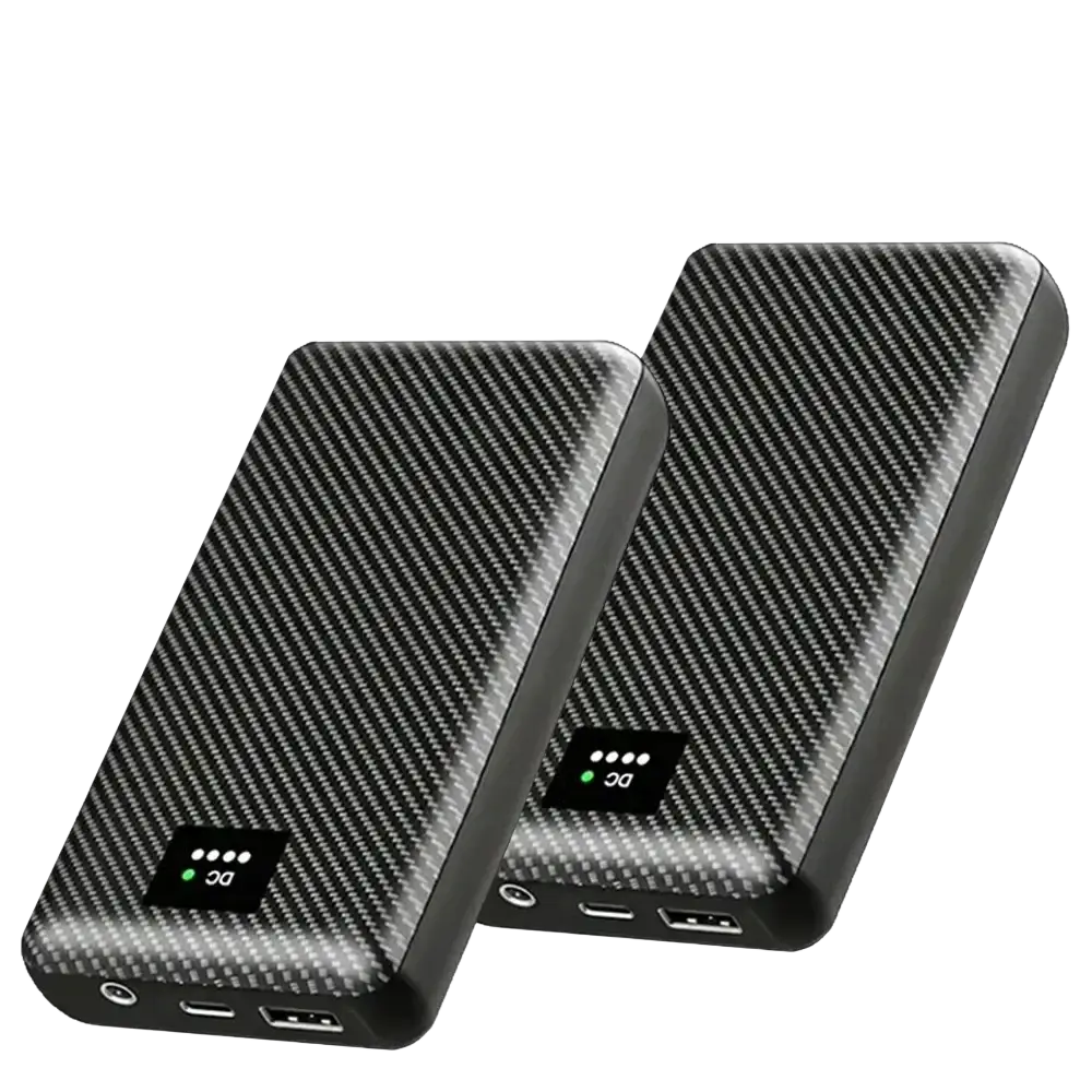 Black carbon fiber textured portable power banks 30000mah and 40000mah with led indicators and multiple usb ports for heated vests