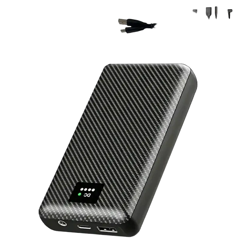 Black carbon fiber textured portable power bank with usb ports and led indicator for heated vest battery 30000mah 40000mah