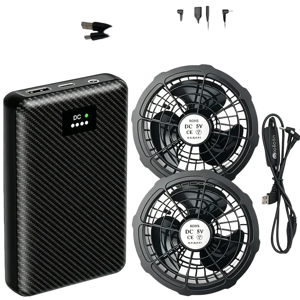 Black carbon-fiber textured 30000mah 40000mah heated vest power bank with dc indicator light and two black 5v mini fans