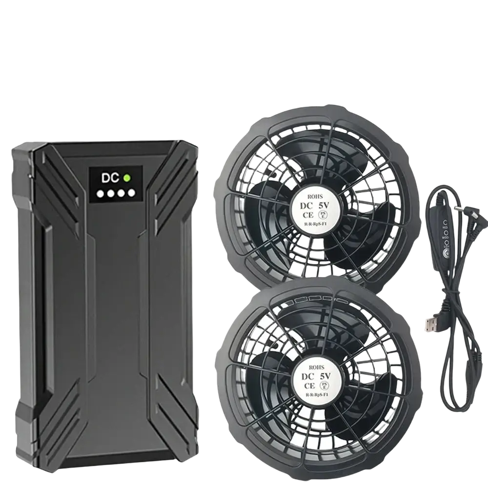 Black portable 30000mah 40000mah heated vest power bank with digital display and two 5v fans with protective grilles