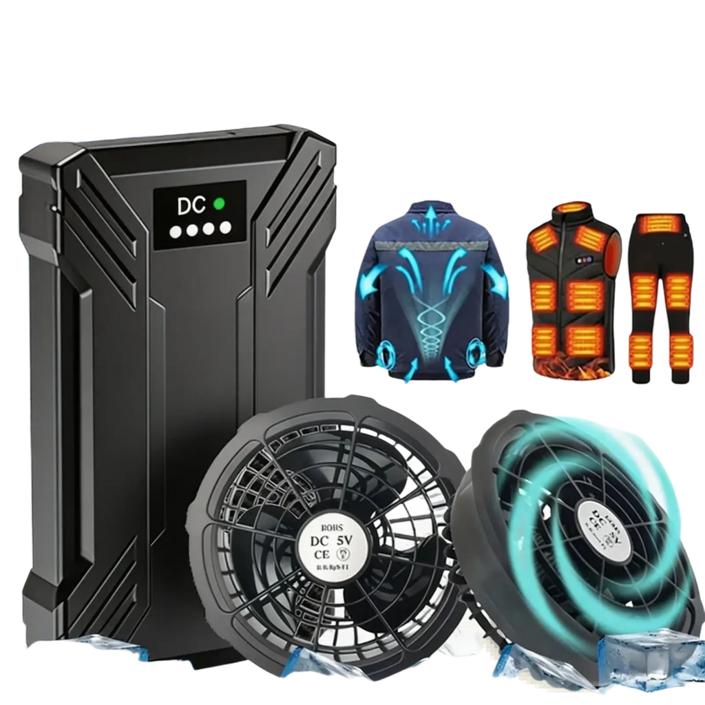 Black rugged 40000mAh heated vest power bank with DC output and type-C/micro USB ports for reliable battery backup