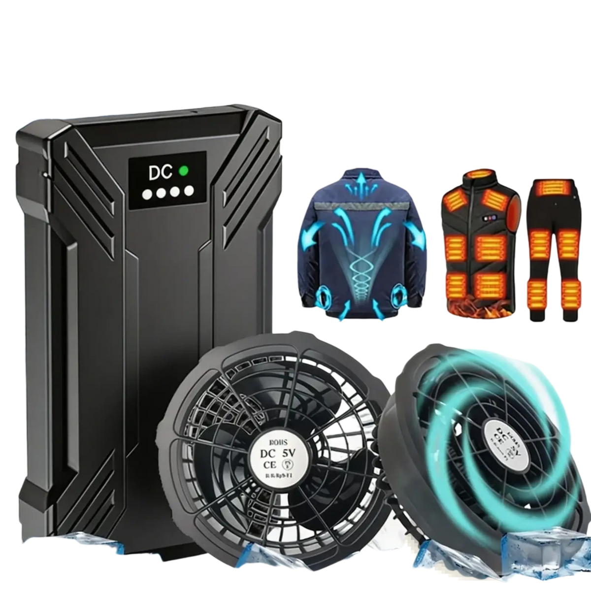 Black rugged 40000mAh heated vest power bank with DC output and type-C/micro USB ports for reliable battery backup