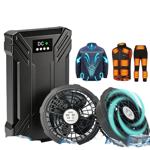 Black rugged 40000mAh heated vest power bank with DC output and type-C/micro USB ports for reliable battery backup