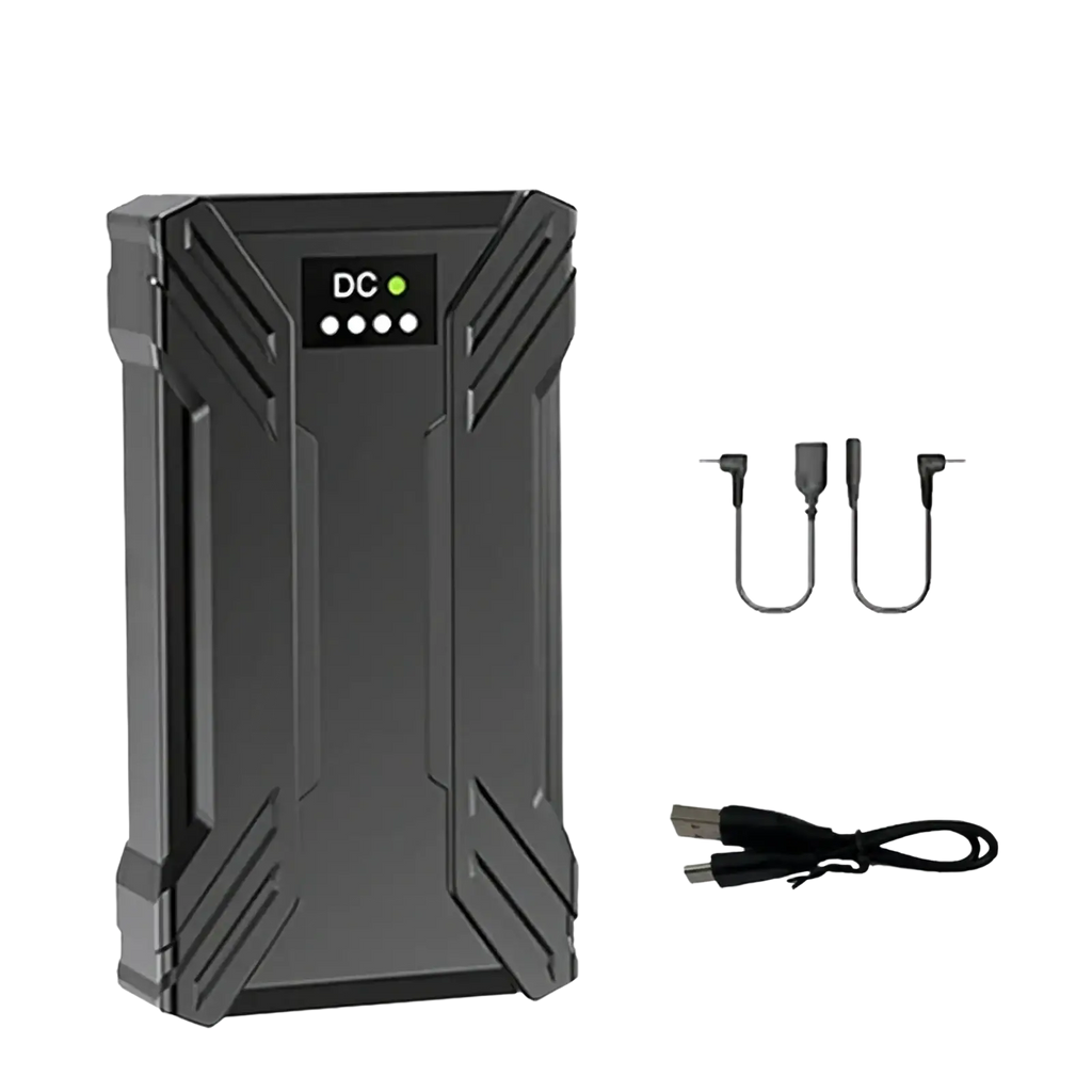 Black rugged portable power bank with digital display showing DC and battery level for 30000mah 40000mah heated vest use