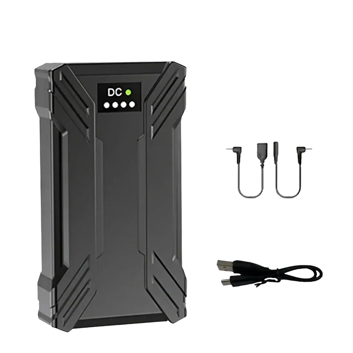 Black rugged portable power bank with digital display showing DC and battery level for 30000mah 40000mah heated vest use