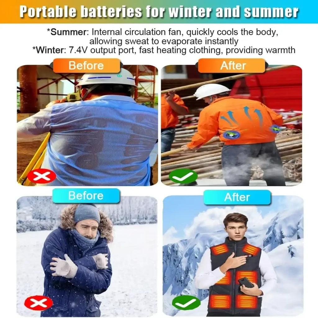 Portable battery-powered heated vest with internal fan for cooling and heating in sleek black with glowing orange heat panels