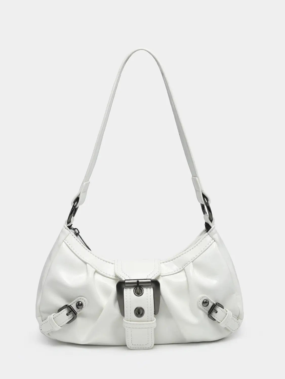White patent leather vintage leather shoulder bag with silver-toned buckle and strap hardware.
