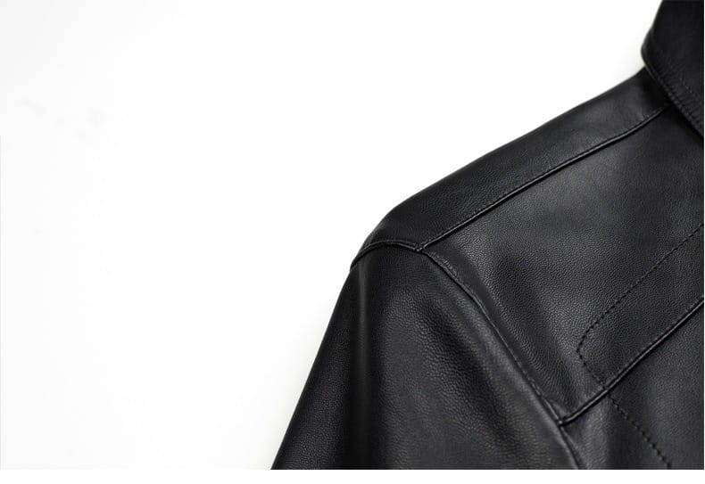 black sheepskin leather jacket shoulder with stitched seams and structured collar featuring thin fleece lining for men