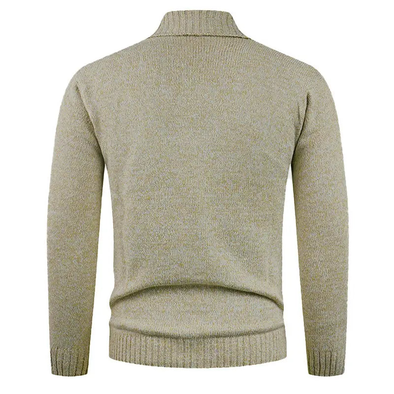 Beige men’s double-breasted knit cardigan with turtleneck sweater featuring ribbed cuffs and hem.