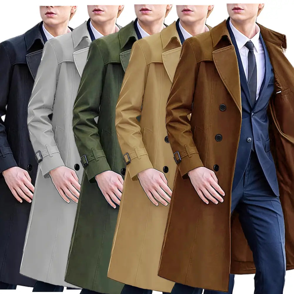 Men solid color long trench coats in black gray olive green tan and brown displayed front side.