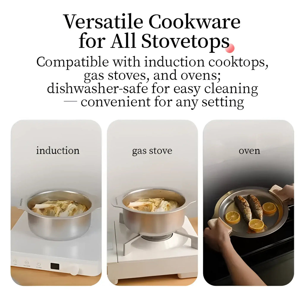 Stainless steel pot with two handles and lid from 304 stainless steel cookware set shown on induction cooktop gas stove and oven