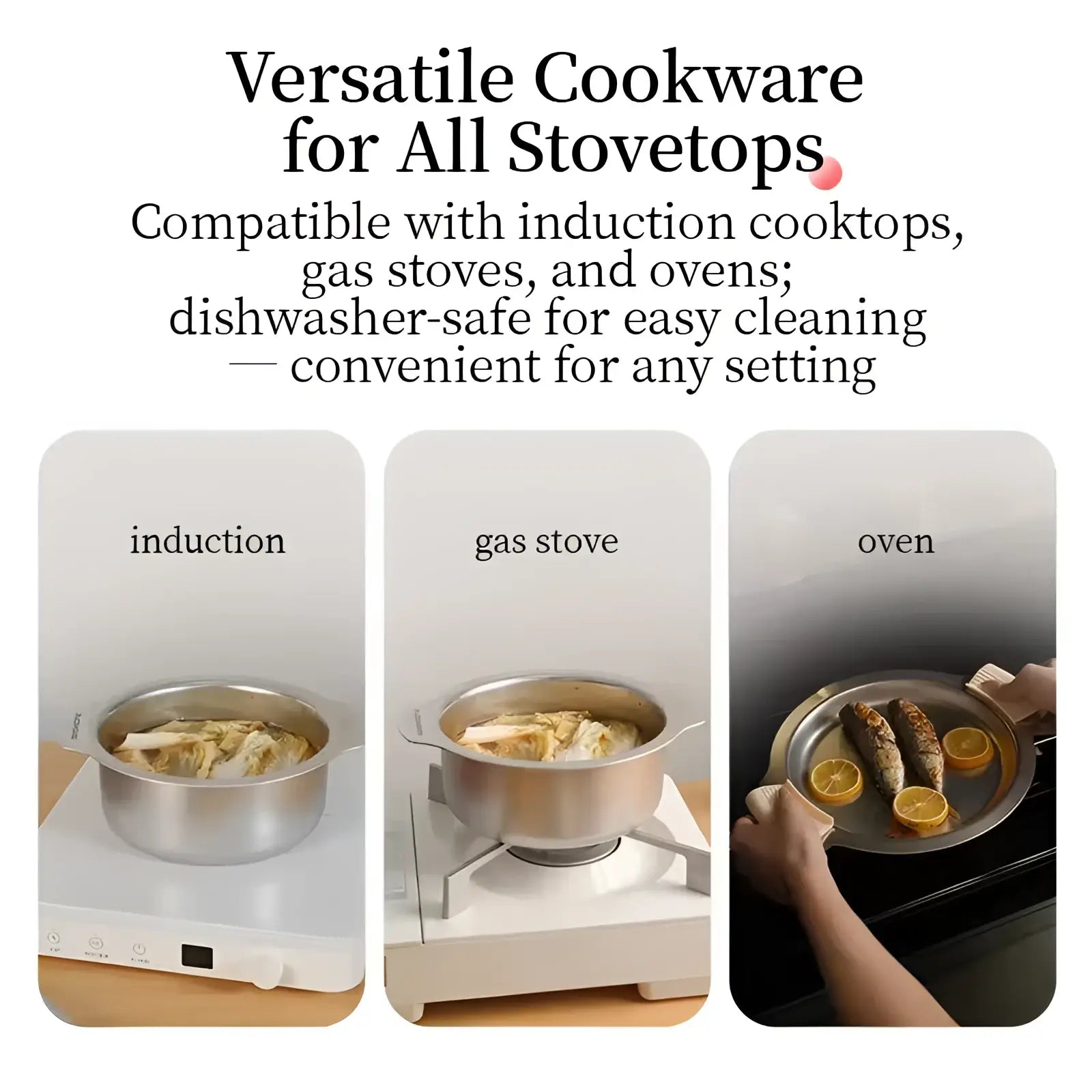 Stainless steel pot with two handles and lid from 304 stainless steel cookware set shown on induction cooktop gas stove and oven
