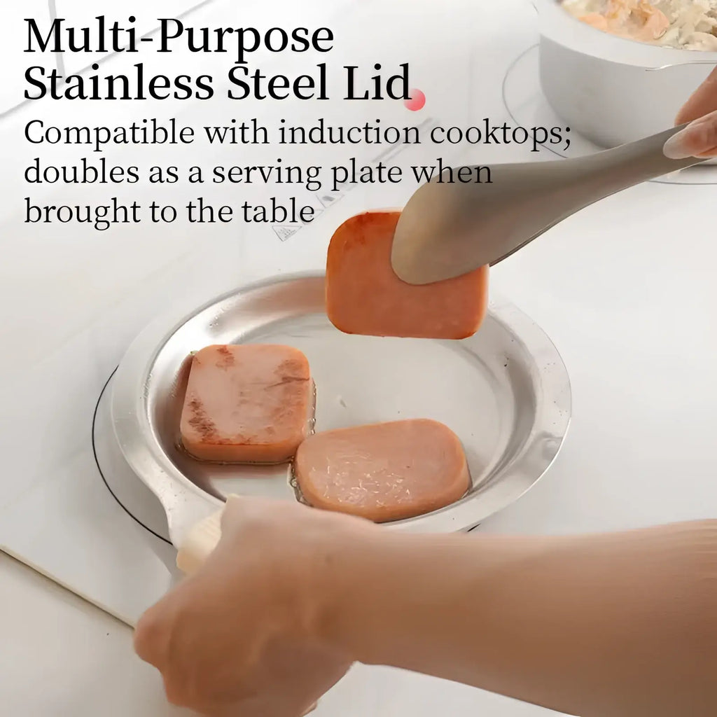 Multi-purpose stainless steel lid with sleek reflective surface and rounded edges from 304 stainless steel cookware set