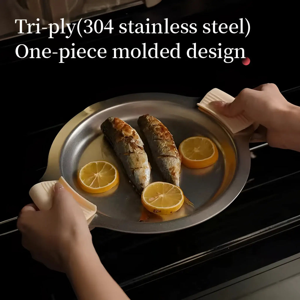 A sleek tri-ply 304 stainless steel serving tray with integrated handles from the 304 stainless steel cookware set