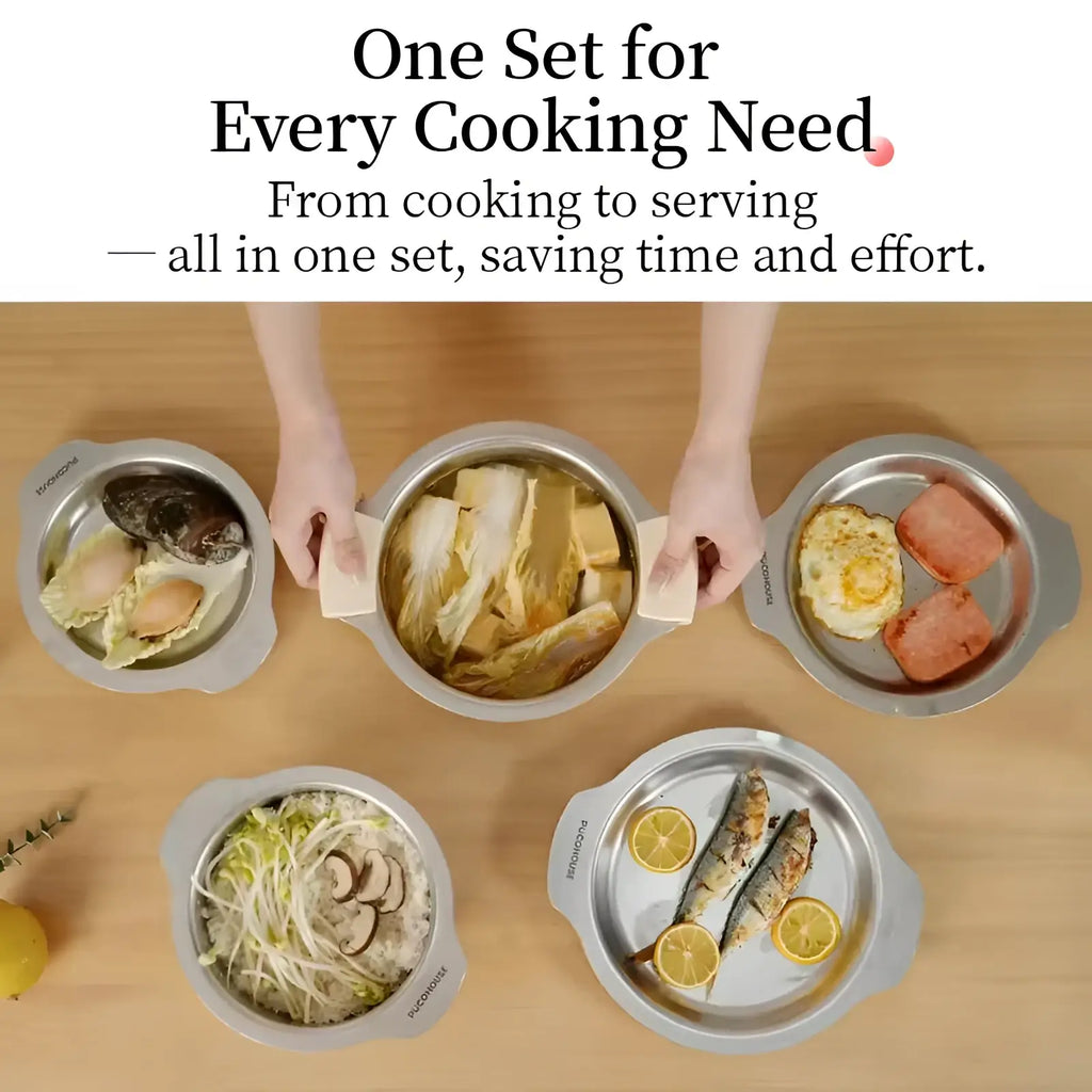 Set of four stainless steel 304 cookware pots with tri-ply lids and handles featuring distinct culinary designs
