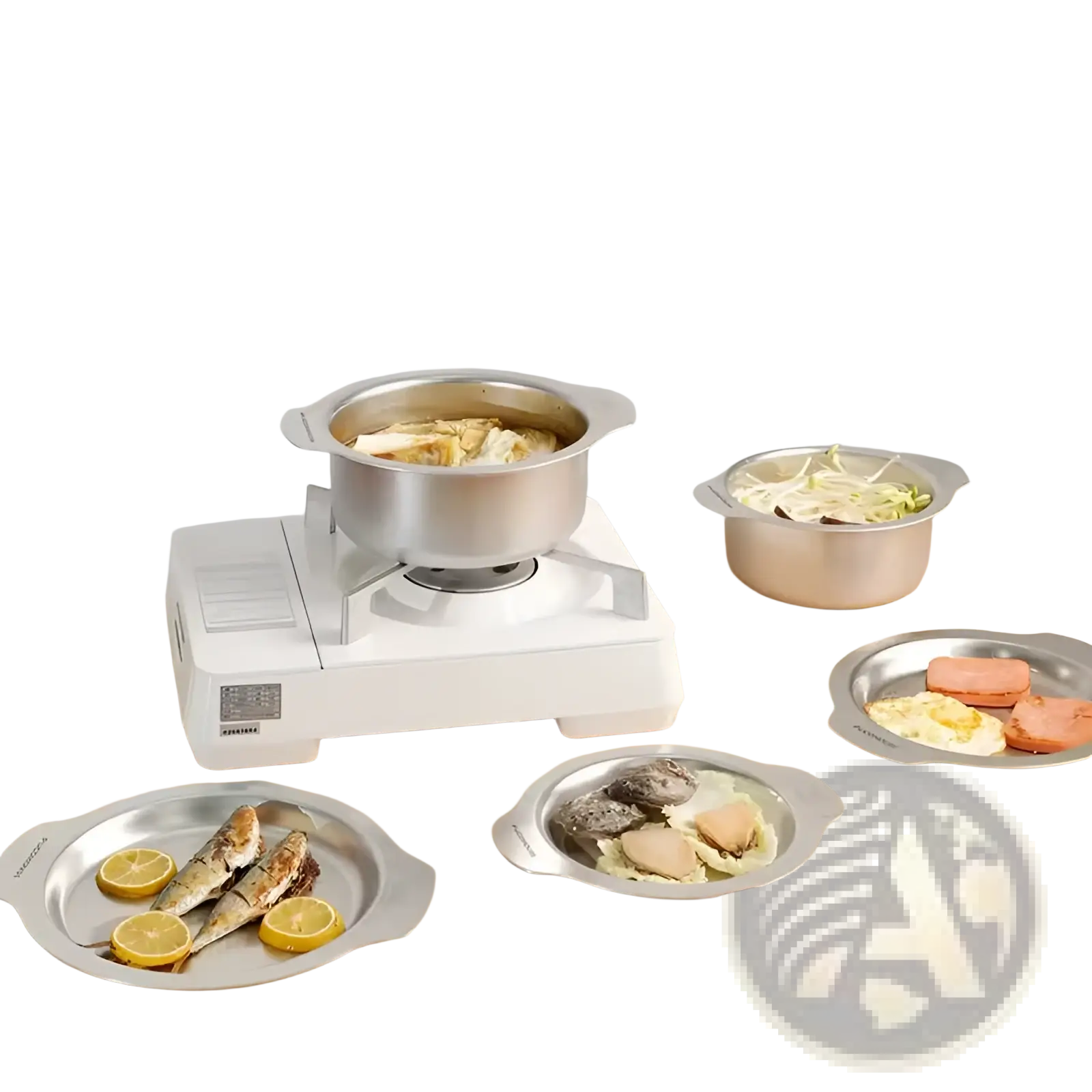Silver stainless steel pot with handles on a white portable gas burner from 304 stainless steel cookware set with tri-ply lids