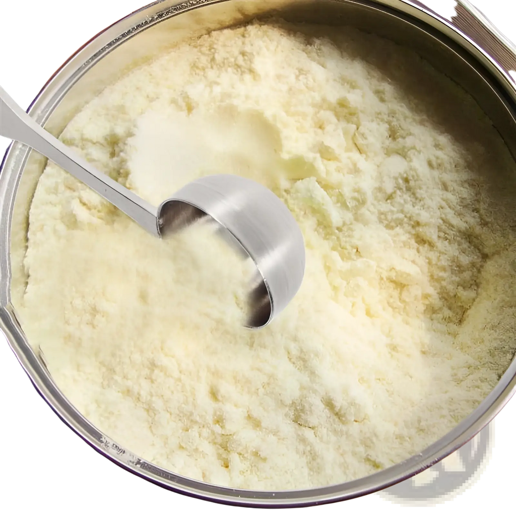 A stainless steel 304 measuring spoon resting in a container of creamy white powdered milk
