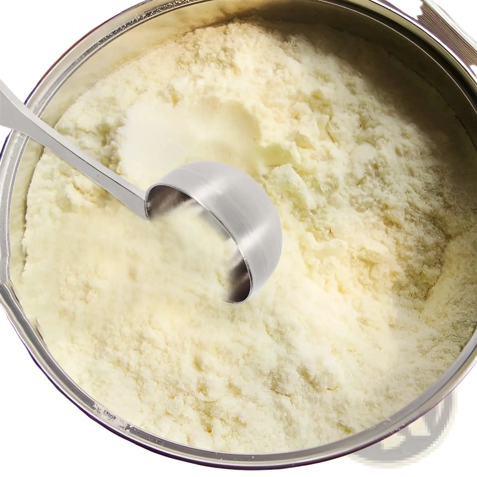 A stainless steel 304 measuring spoon resting in a container of creamy white powdered milk