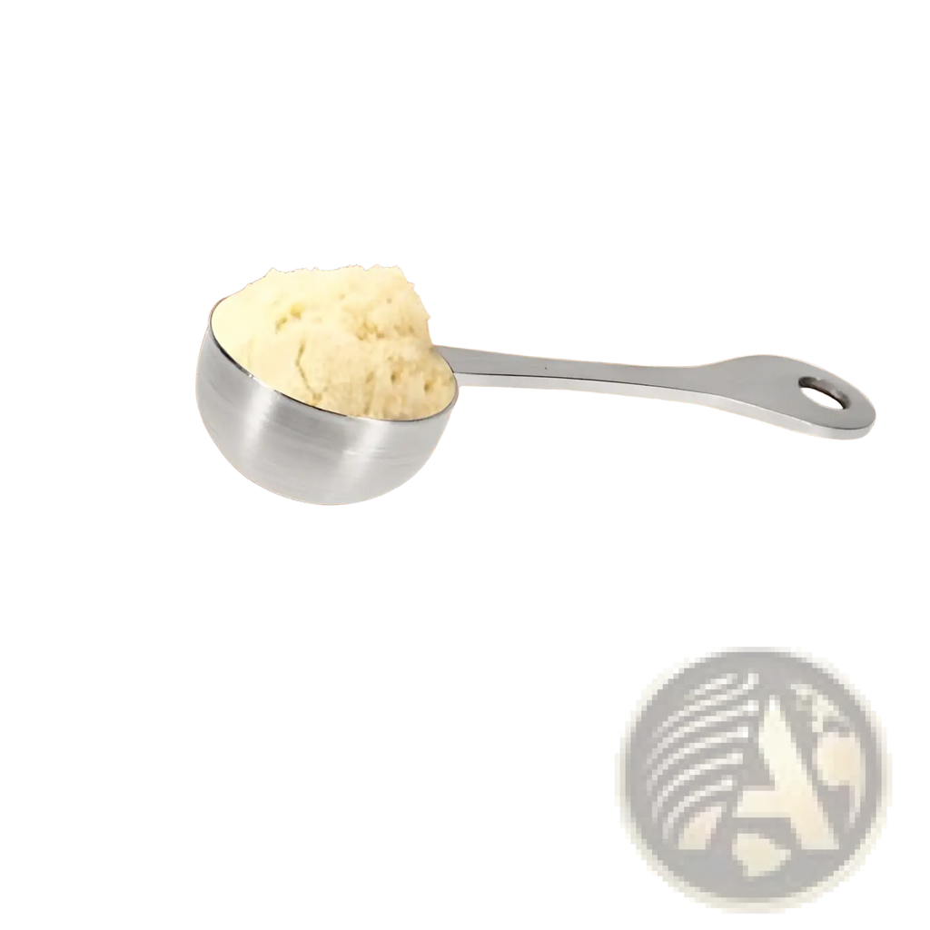 A shiny 304 stainless steel measuring cup filled with pale yellow powder on a wooden surface kitchen tool