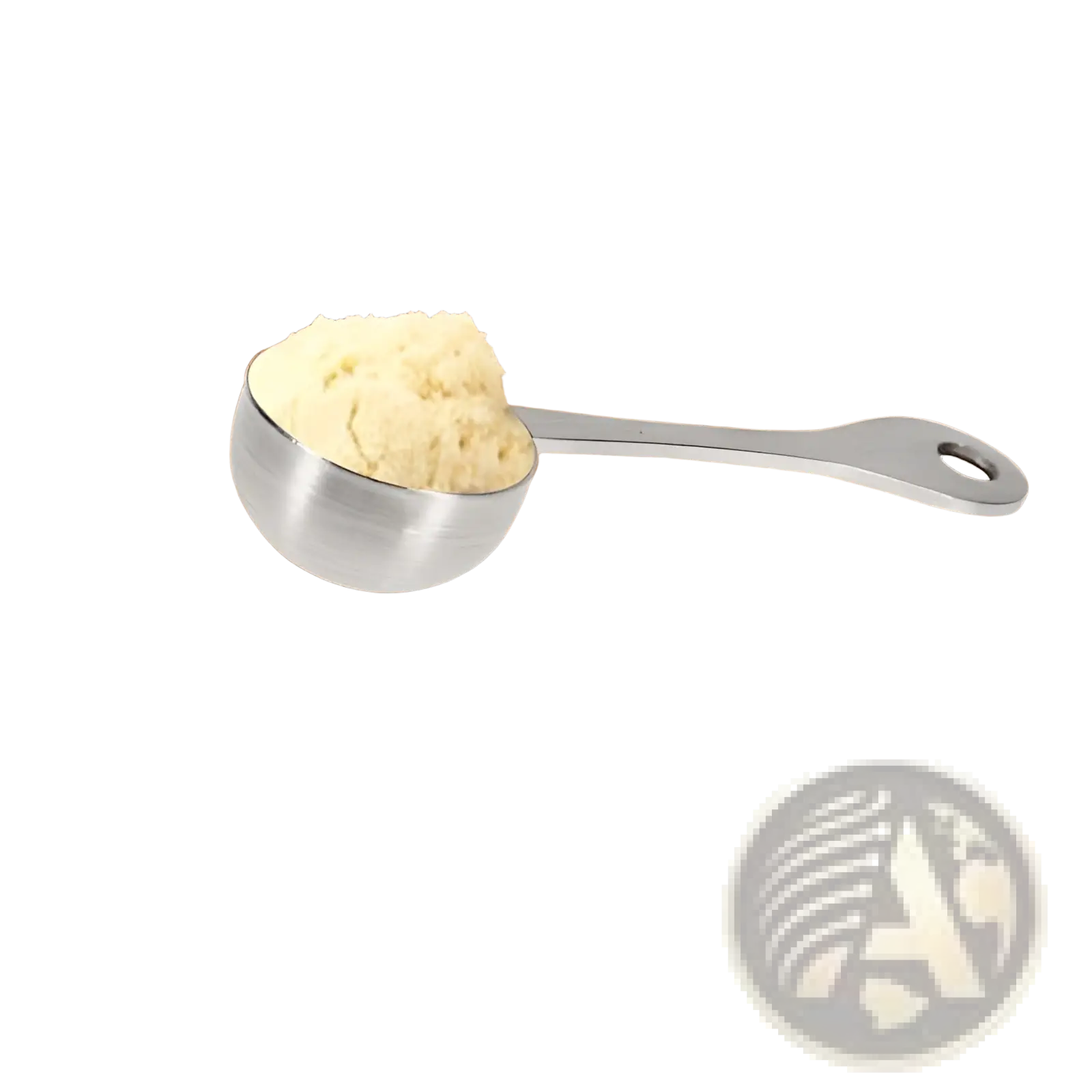 A shiny 304 stainless steel measuring cup filled with pale yellow powder on a wooden surface kitchen tool