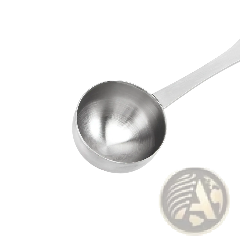 A sleek metallic 304 stainless steel measuring spoon with a polished finish and smooth rounded bowl for kitchen use