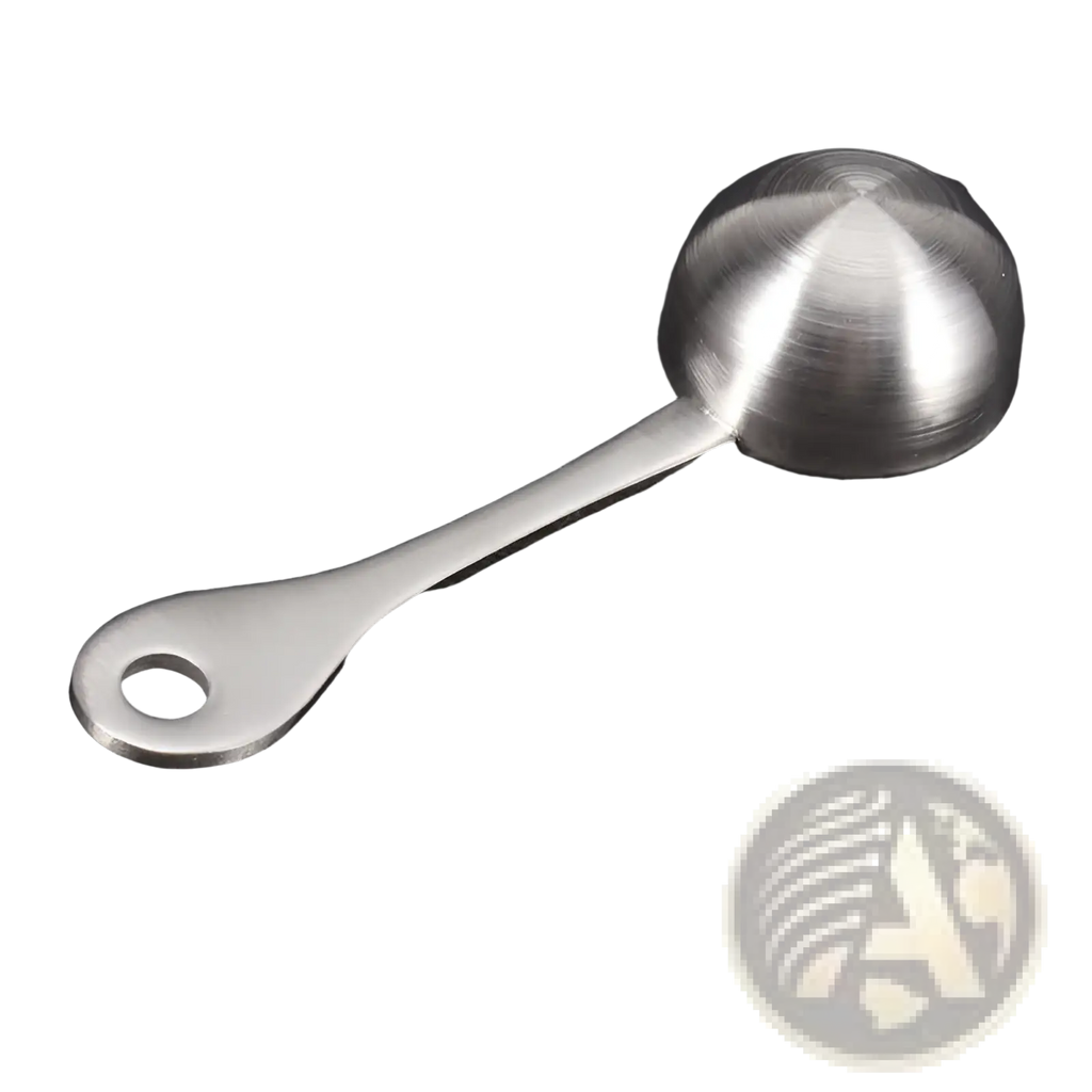 A sleek brushed stainless steel 304 measuring spoon with a rounded bowl and looped handle for kitchen use