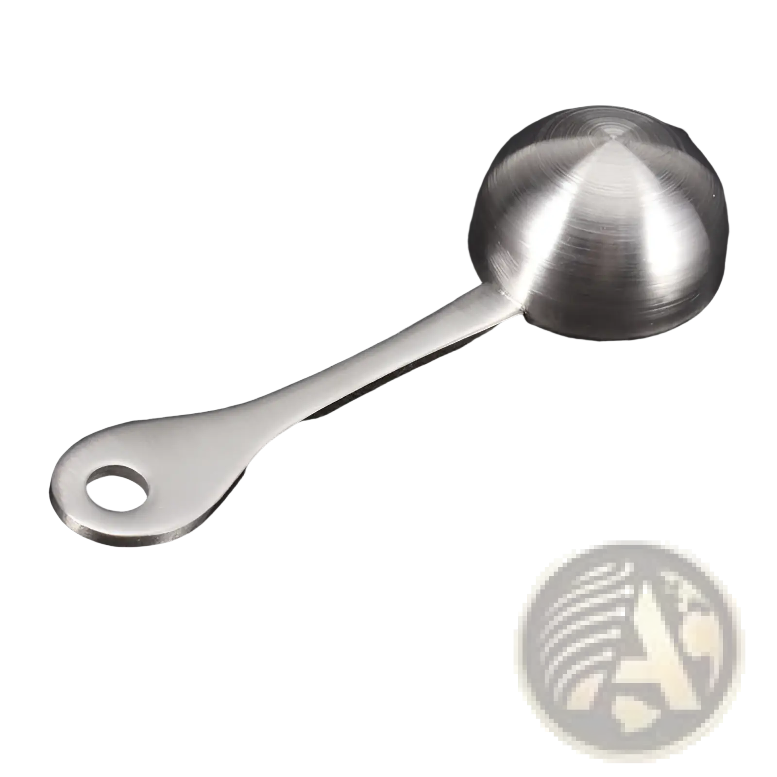 A sleek brushed stainless steel 304 measuring spoon with a rounded bowl and looped handle for kitchen use