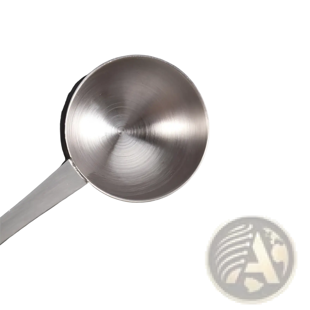 A sleek brushed stainless steel 304 measuring spoon with a reflective bowl and slender handle for kitchen use
