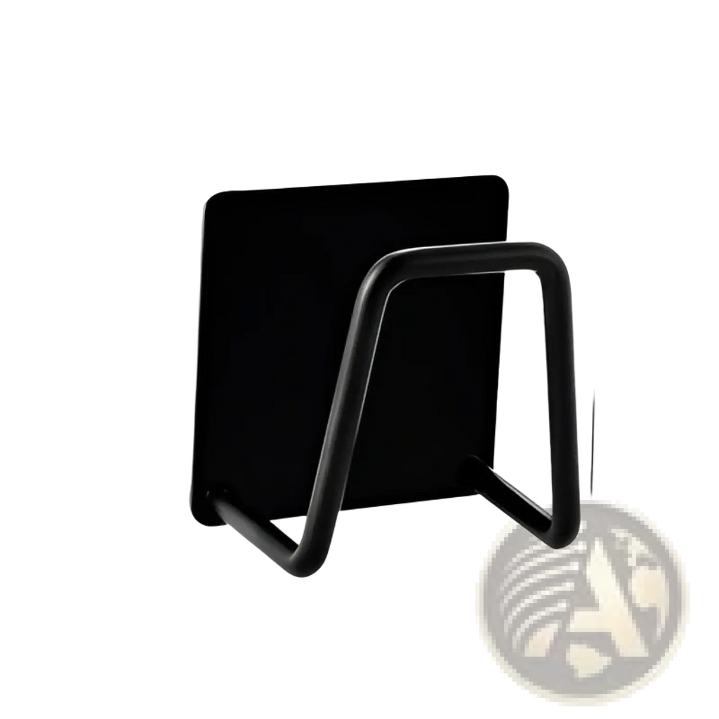 Black plastic kitchen utensil holder with rectangular base and curved support arm for 304 stainless steel sink sponge drying rack