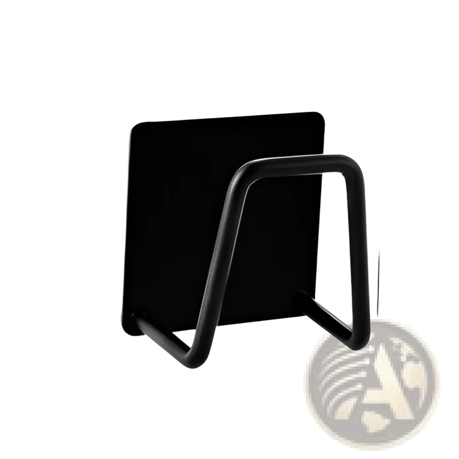 Black plastic kitchen utensil holder with rectangular base and curved support arm for 304 stainless steel sink sponge drying rack