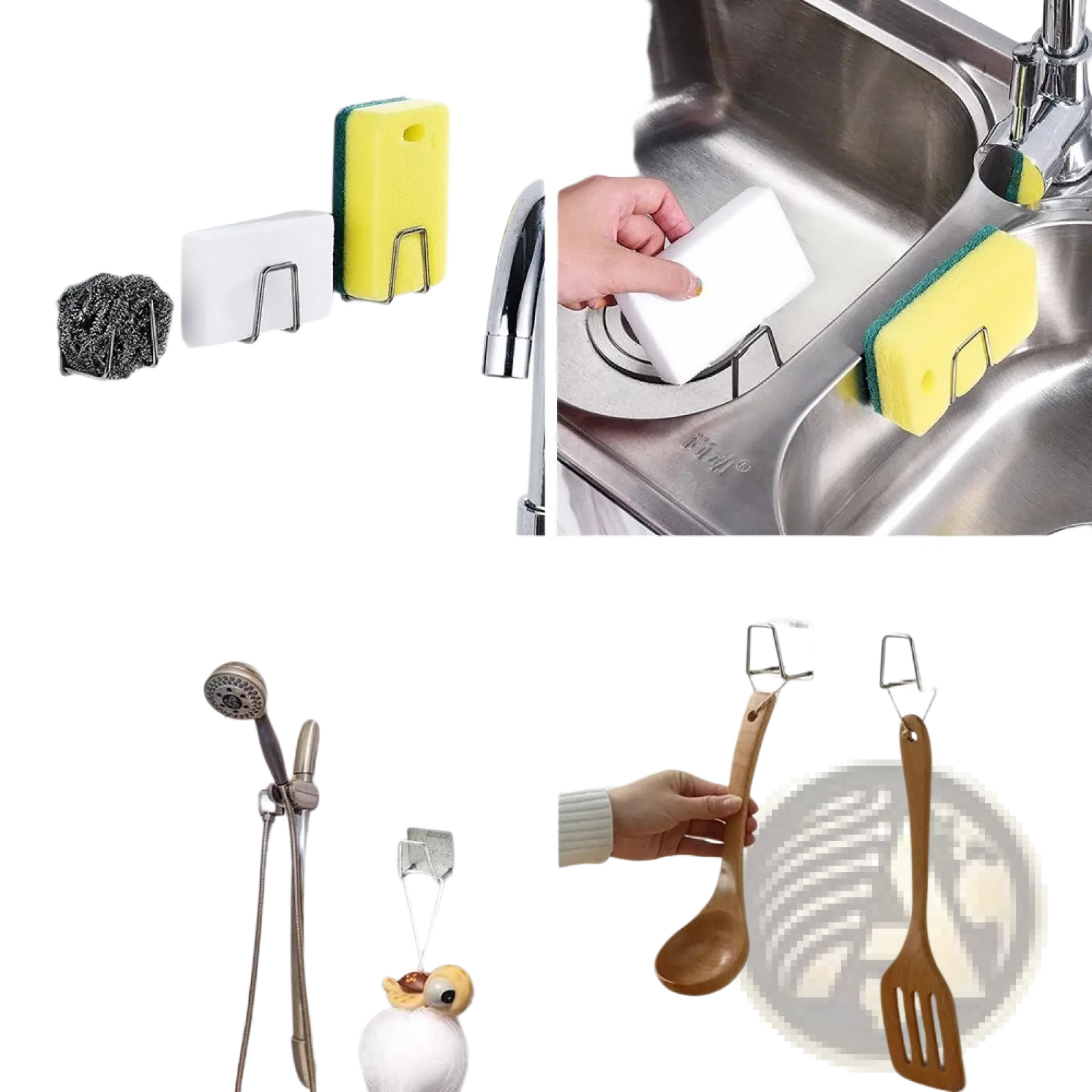 Yellow and green stainless steel sink sponge holder with white plastic base for drying and organizing kitchen sponges