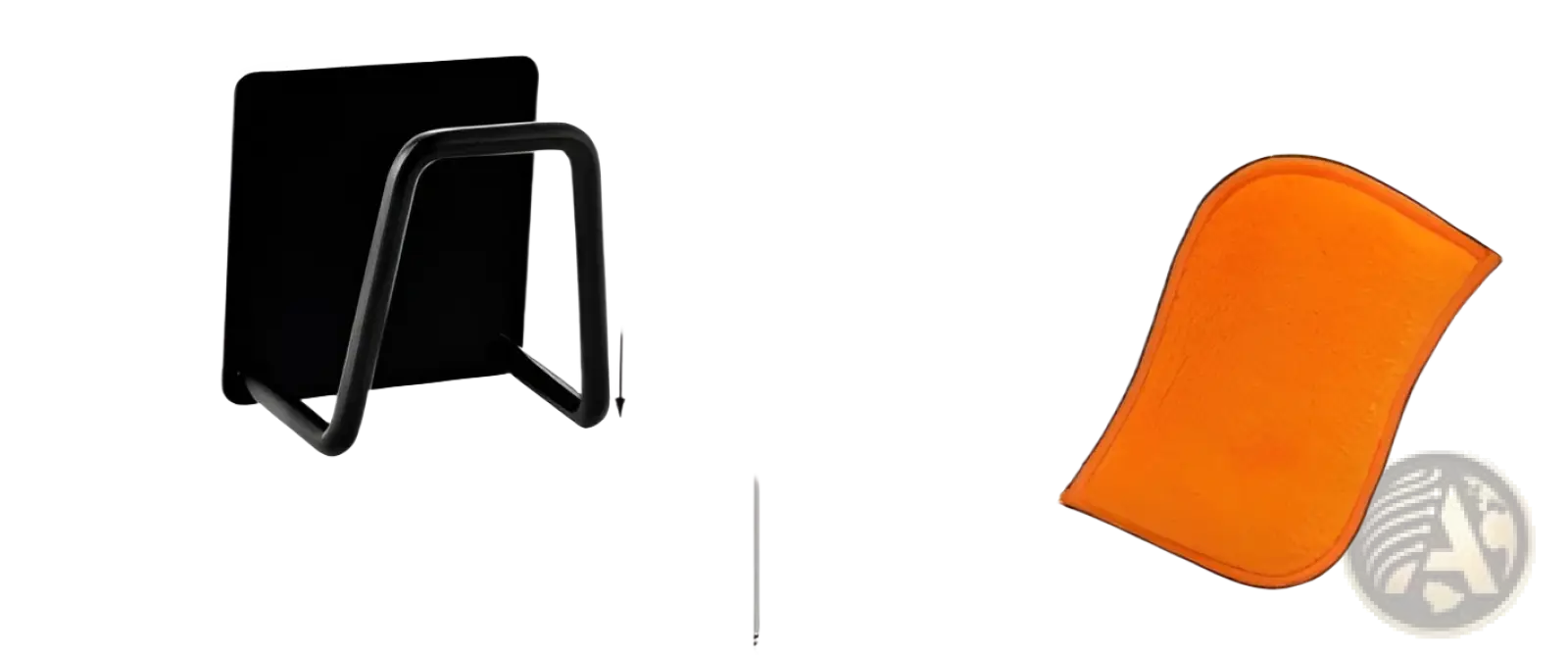 Orange microfiber cleaning cloth beside a 304 stainless steel sink sponge holder drying rack for kitchen organization