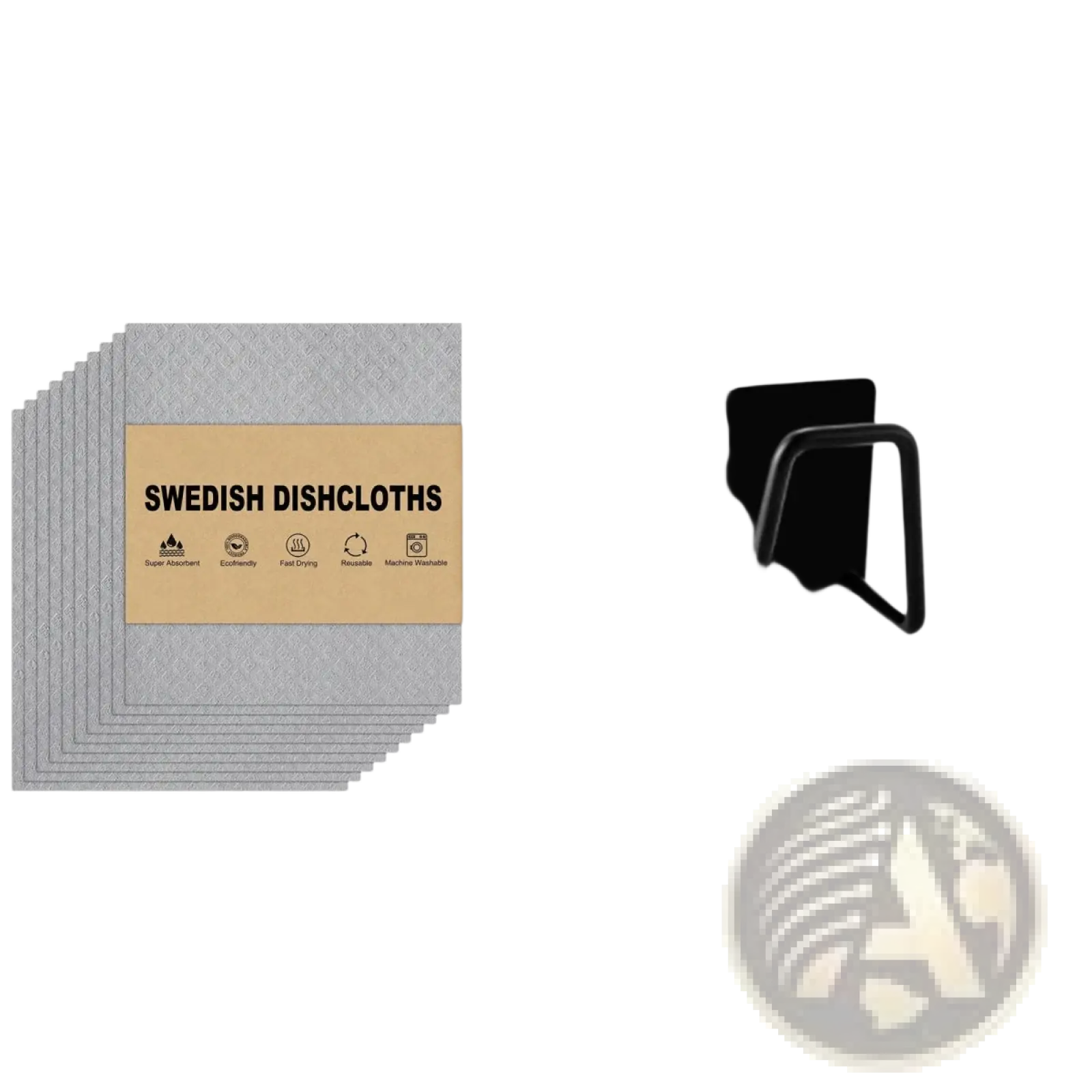 Set of three gray swedish dishcloths with a black 304 stainless steel sink sponge holder drying rack