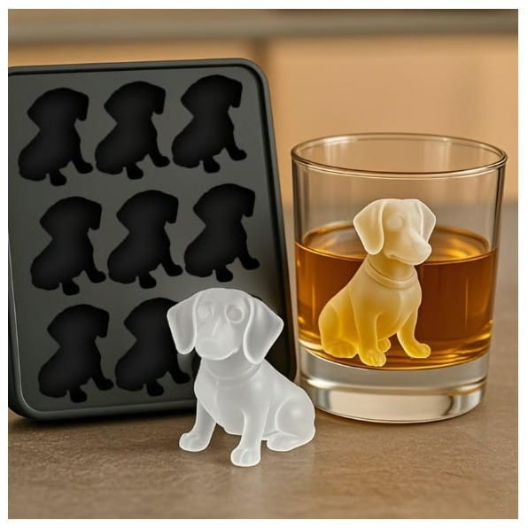 klare, durchscheinende Silikon-Eiswürfelform in Hundform mit glänzender Oberfläche aus dem Set „Silicone Dog and Godzilla Ice Cube Tray Mold Set“