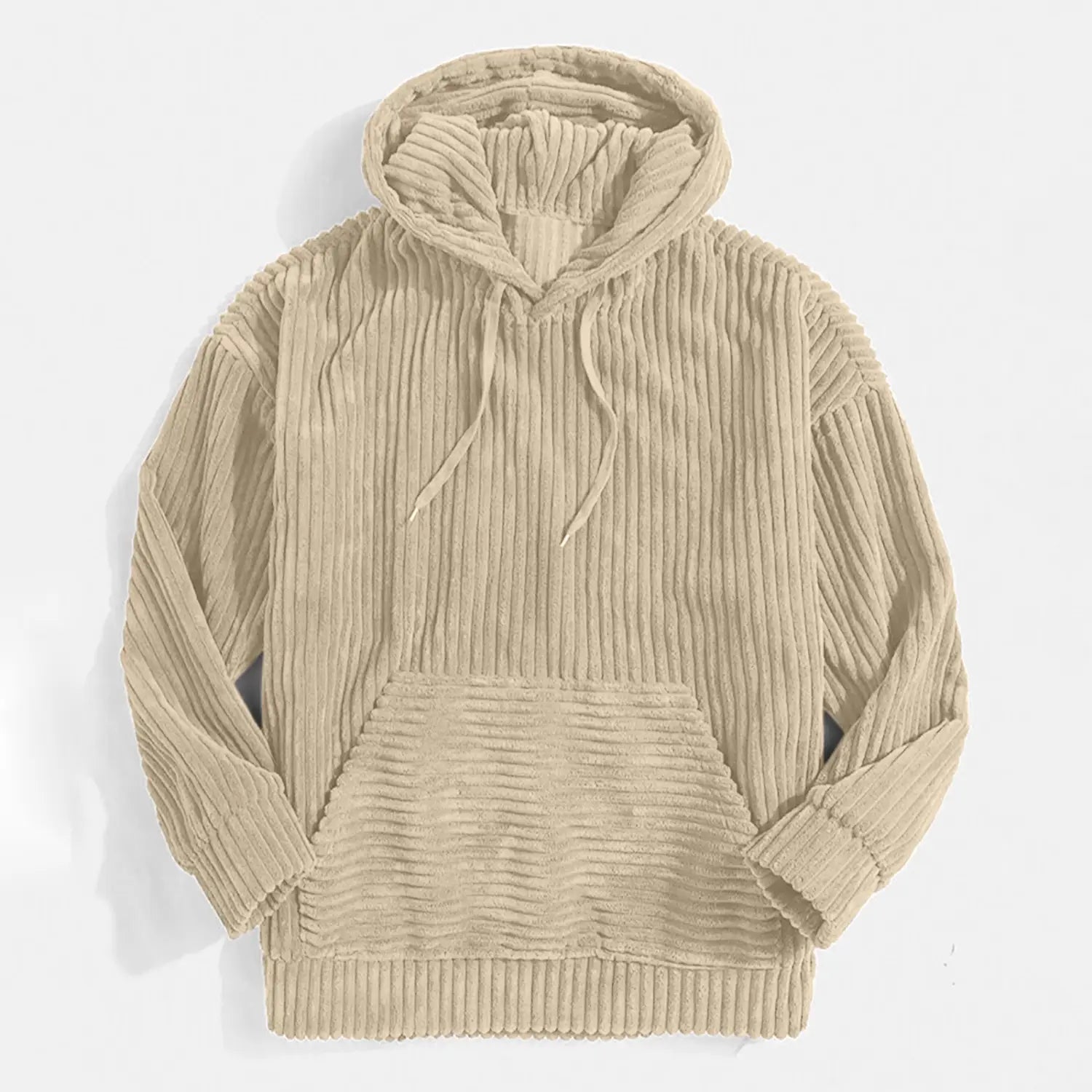 Homme : hoodie premium en velours côtelé à épaules tombantes beige, avec texture côtelée et cordons de serrage assortis.