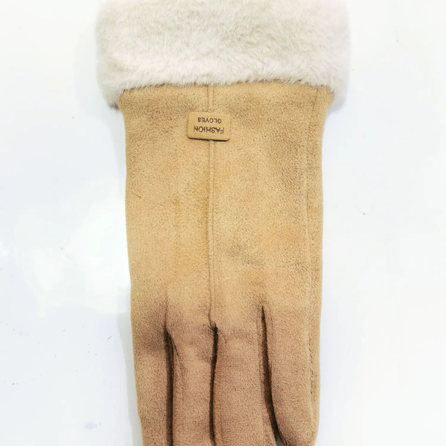 A tan suede women’s thermal touchscreen glove with a plush white fur cuff and a small leather label reading fashion gloves shown from the back side.