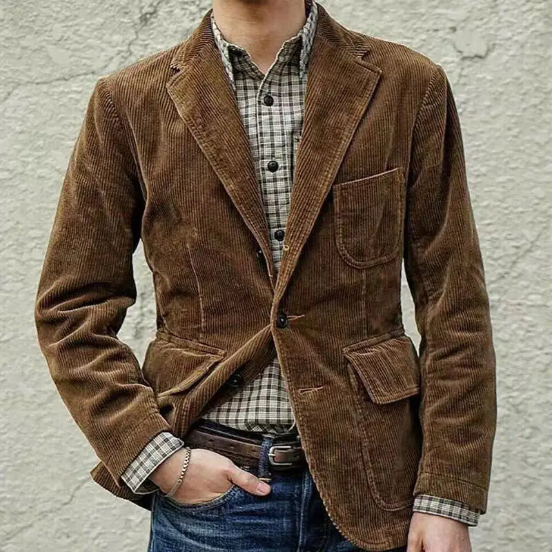 Brown corduroy blazer for men with a classic fit and button closures in a minimalist retro casual style