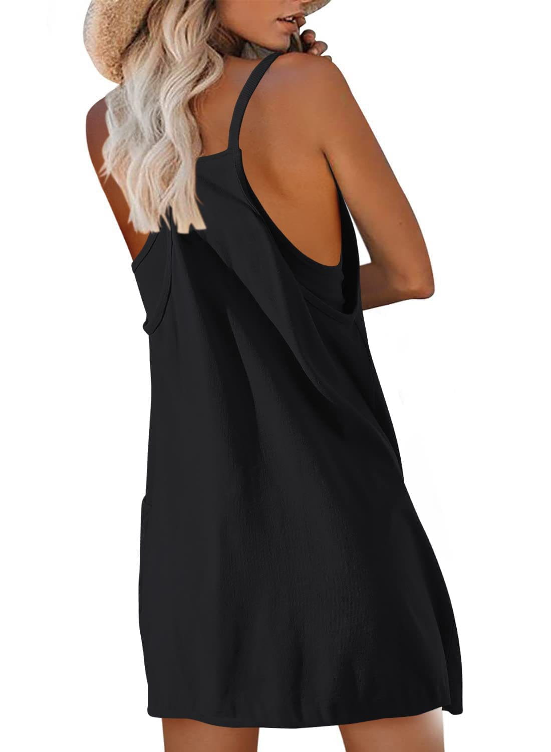 black sleeveless casual romper with thin straps and a back pocket shown from the back side