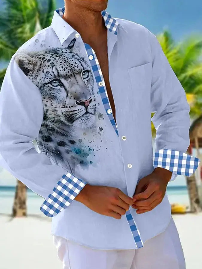 Light blue long-sleeved button-up linen shirt for men featuring a detailed white and gray leopard graphic with watercolor splashes and blue and white gingham trim on the collar cuffs and placket.