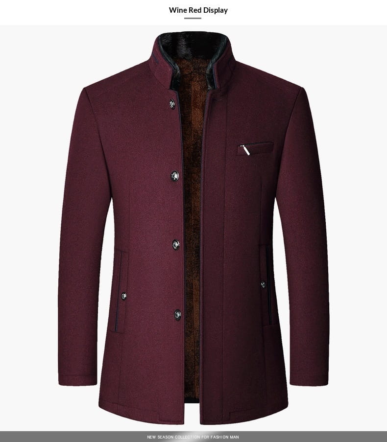 Mens wool casual stand collar jacket in wine red wool with a high collar and silver buttons.