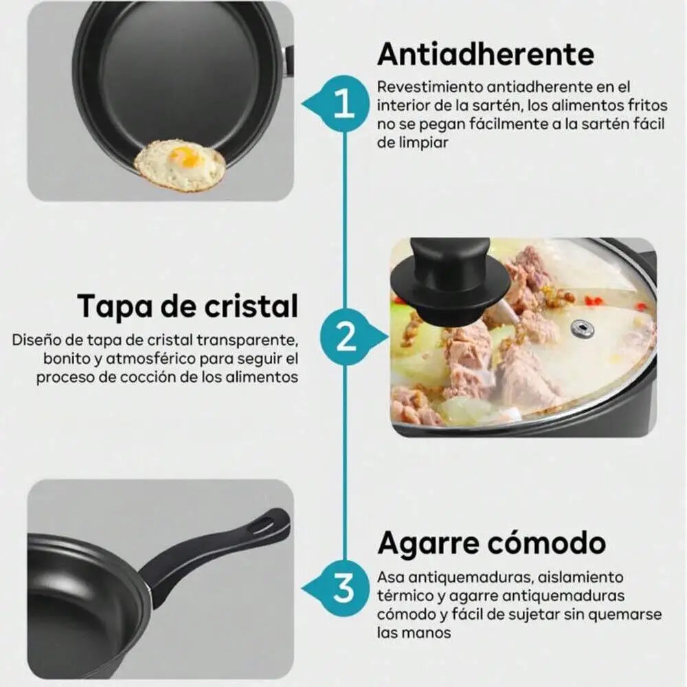 black non-stick frying pan with ergonomic handle and transparent glass lid from a 13 piece non stick cookware set with glass lids
